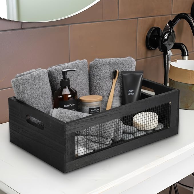FillTouch 4 Pcs Wooden Nesting Countertop Baskets 4 Size Wooden Storage Box with Handle and Metal Wire Multipurpose Wood Organizer Crate for Fruit Vegetable Kitchen Cabinet Bathroom (Black,Small) - Image 5