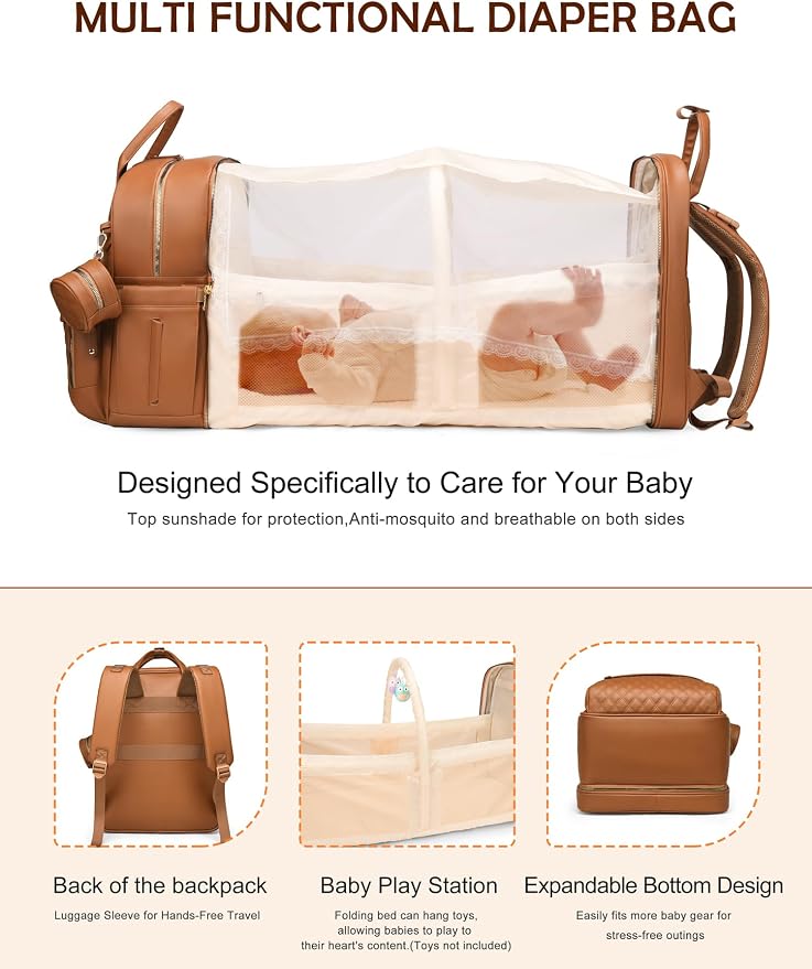 Diaper Bag Backpack with Changing Station, Waterproof for Travel, Vegan Leather, Brown - Image 2