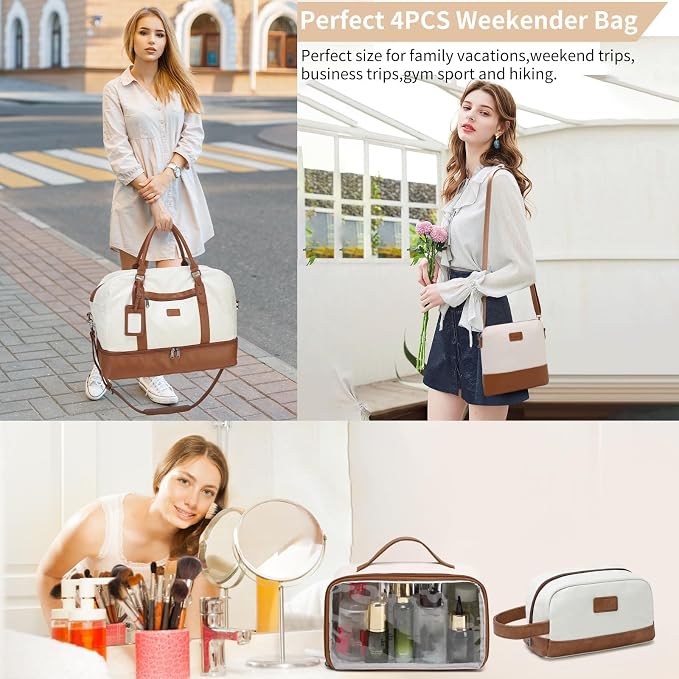 4PCS Weekender Bags for Women Large Overnight Weekend Travel Duffel Bags | Travel Bag Carry-on Tote Hospital Bag with Shoe Compartment Crossbody Toiletry Bag for Travel Business Gym Water Resistant - Image 2