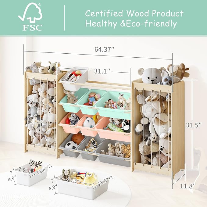 EXPERLAM Large Toy Storage Organizer, Wooden Stuffed Animal Storage & 12-Bins Toy Organizer, Double-Sided Plush Toy Holder Featuring Thicker Ropes, Space Save Playroom Bedroom Nursery Storage, Multi - Image 2