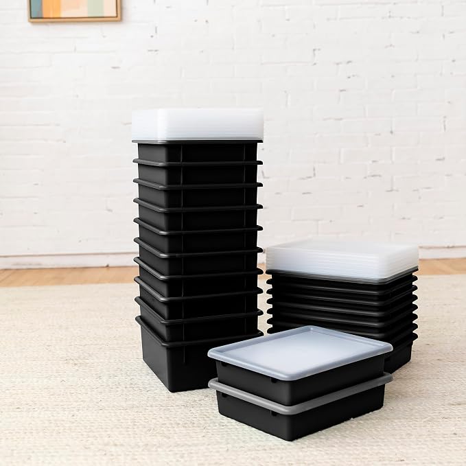 ECR4Kids Letter Size Plastic Tray Organizer with Lids, Small, Storage Bins, Black, 10-Piece | Durable plastic, GREENGUARD Gold Certified, 2 gallon capacity, stackable/nestable, easy-lift lids, classroom & home use - Image 8