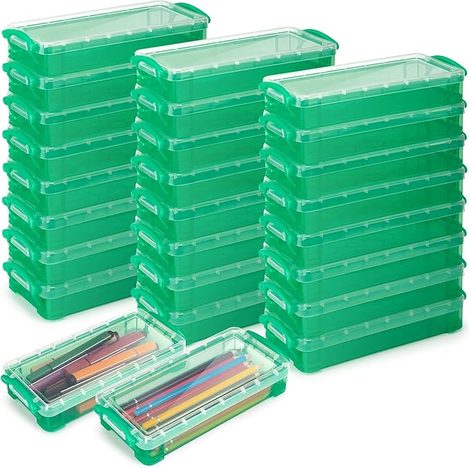 Gueevin 24 Pcs Large Capacity Plastic Pencil Box Clear Plastic Pencil Case Crayon Box with Snap Tight Lid Watercolor Pen Storage Brush Organizer Drawing Tools Container (Green) by Gueevin