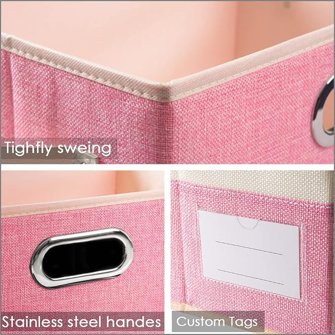 Large Collapsible Storage Baskets for Closet [3-pack] Decorative Fabric Storage Bins Cubes with Leather/Metal Handles for Shelves Bedroom Living Room Pink&Cream (14.9x9.8x8.3 Inch) - Image 3