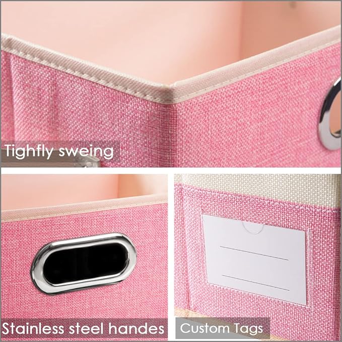 Large Collapsible Storage Bins with Lids [3-Pack] Fabric Foldable Storage Boxes Organizer Containers Baskets Cube with Cover for Home Bedroom Closet Office Pink&Cream(17.7x11.8x11.8) - Image 3