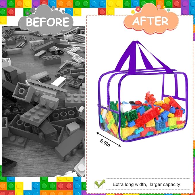 6 Colors Widen X-Large Toy Storage Bags 12.6×9.25×6.9In with Labels, Reusable Clear PVC Board Game Storage, Travel Waterproof Organizer Bags with Zipper for Building Blocks, Puzzle, Stuffed Animals - Image 5