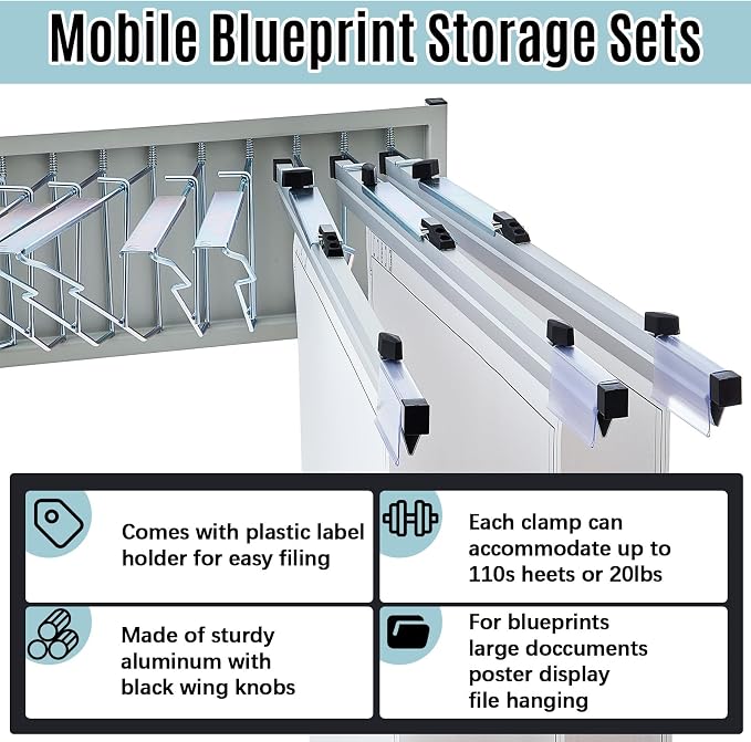 Estune Mobile Blueprint Holder Rack, Adjustable Mobile Blueprint Holder with 6 24 in Hanging Clamps 4 Wheels Poster Display Rack Storage Organizer Stand for File Display Plan Office Home(Silver) - Image 3