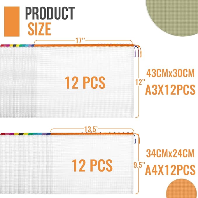 YOPCDJ 24pcs Mesh Zipper Pouch Bags, 12 Colors Extra Large 12PCS A3 and 12pcs A4, Puzzle Bag for Organizing, Classroom Must Have Storage Bag, File Bags for School, Board Games and Office Supplies - Image 2