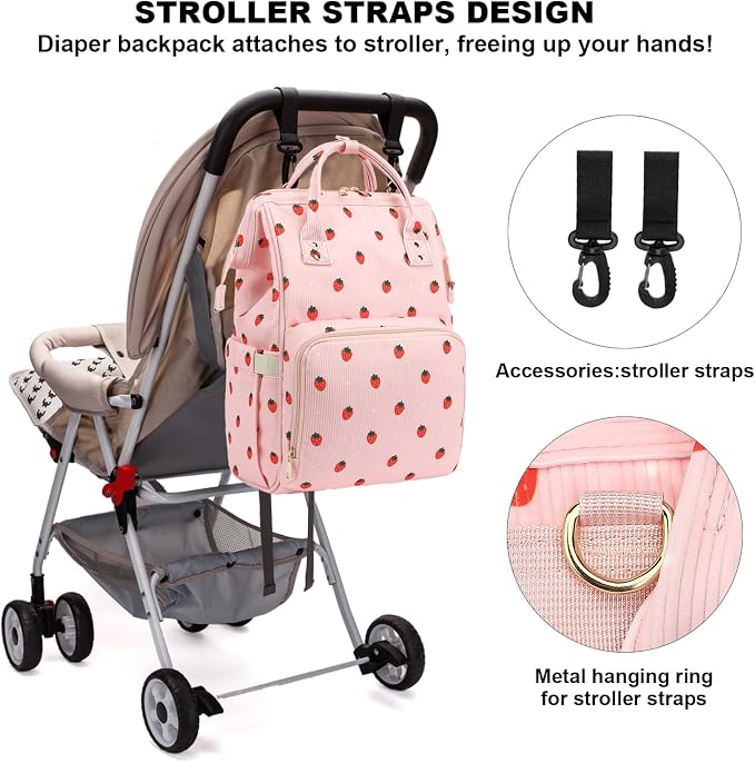 Corduroy Diaper Bag Backpack for Baby Girls Boys, Women Large Nappy Bags for Mom (Pink Corduroy Strawberry) - Image 6