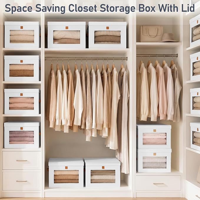 DIMJ Storage Bins with Lids - 6 Pack Front Opening Stackable Fabric Storage Boxes with Clear Window & Handles, Collapsible Closet Organizers for Clothes, Sweaters, Shelf Storage, Bedroom, White - Image 7