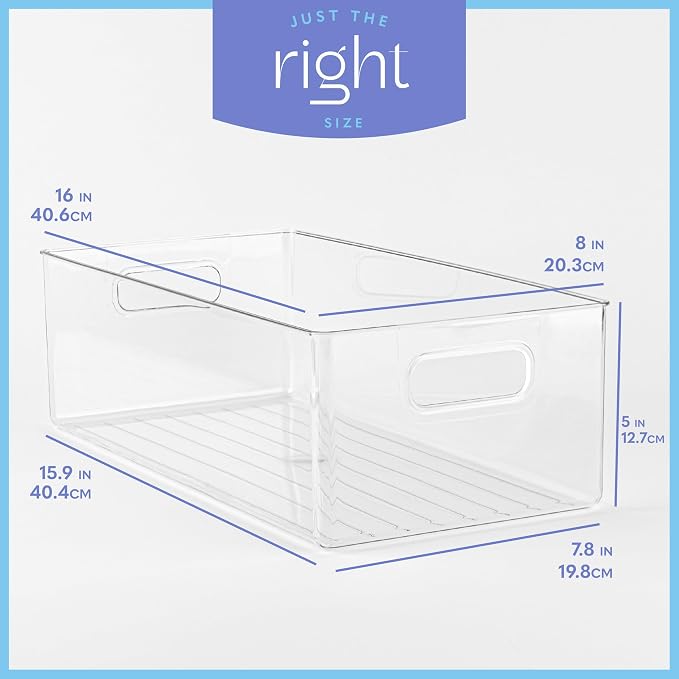 Plastic Food Storage 8 Pack Clear Container Bin with Handles for Organizing Kitchen, Pantry, Refrigerator, Freezer, Pantry, Cabinet, Closet, Bathroom. 16”x8”x5” - Image 3