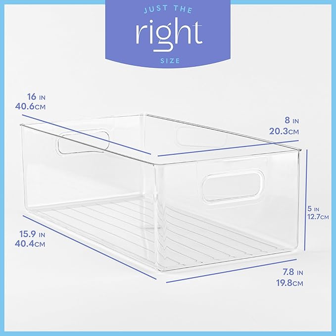 Plastic Food Storage Clear Container Bin with Handles for Organizing Kitchen, Pantry, Refrigerator, Freezer, Pantry, Cabinet, Closet, Bathroom. 16”x8”x5” - Image 3