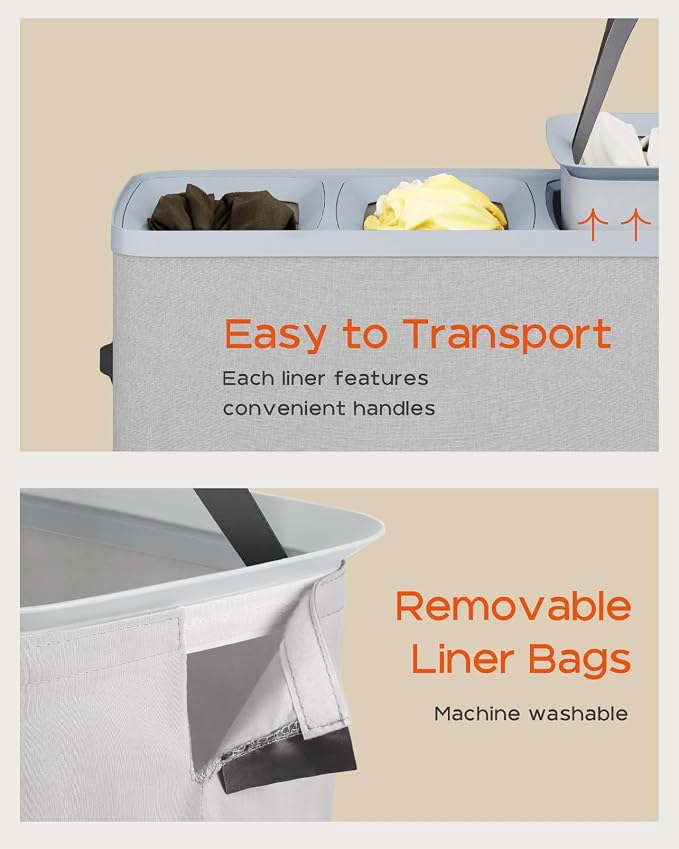 CASAMAYA Laundry Basket with Lid, Laundry Hamper 3 Section, 190L collapsible Laundry Organizer, Easy Assembly, with Handles and Removable Liners, 25.2 x 15.7 x 29.5 Inches, Gray JSP904G - Image 4