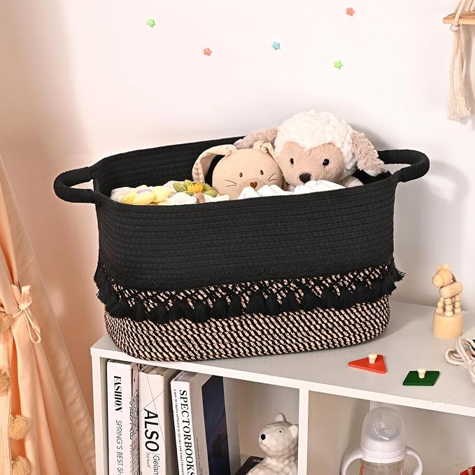 2 Pack Storage Basket for Shelves, Boho Cotton Rope Storage Bins with Heavy Tassel, Shelf Baskets Large Woven Baskets for Organizing, Cube Organizer Bins, Baby Laundry Basket for Clothes, Toys, Pets - Image 5