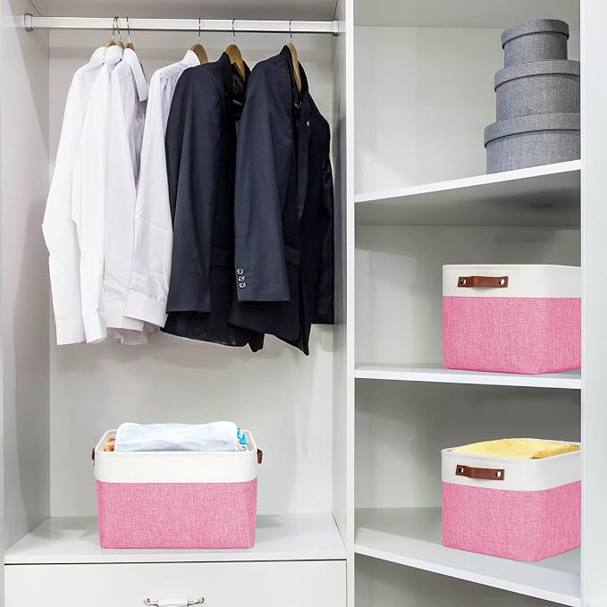 Storage Bins Large Fabric Storage Baskets for Shelves 3 Pack, Decorative Linen Closet Baskets with Handles for Organizing, Shelf, Clothes, Home, Office, 15x11x9.5Inches (Pink&White) - Image 2