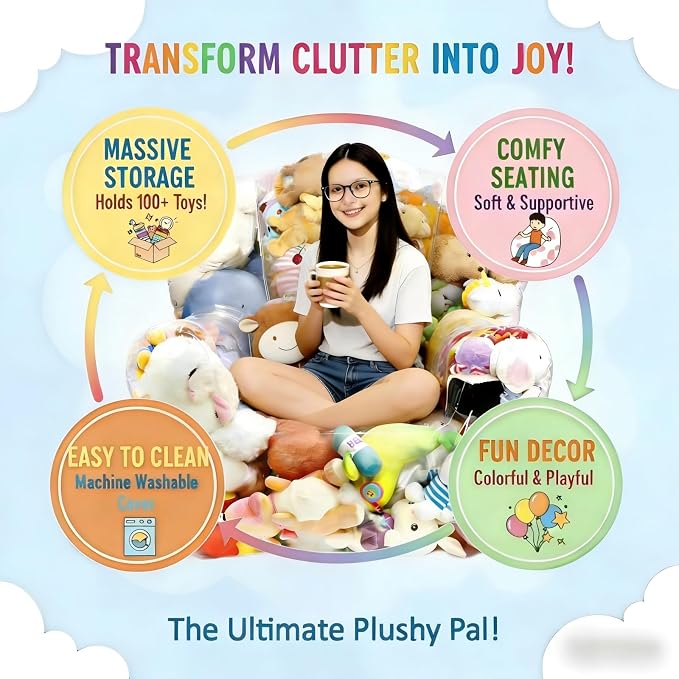 Clear Stuffed Animal Storage Bean Bag Chair Cover - Extra Large 150L, Waterproof & Easy-Clean Toy Organizer with Plastic Window,forNursery, Bedroom, Playroom (Cover Only, No Filler) (Extra large size) - Image 4