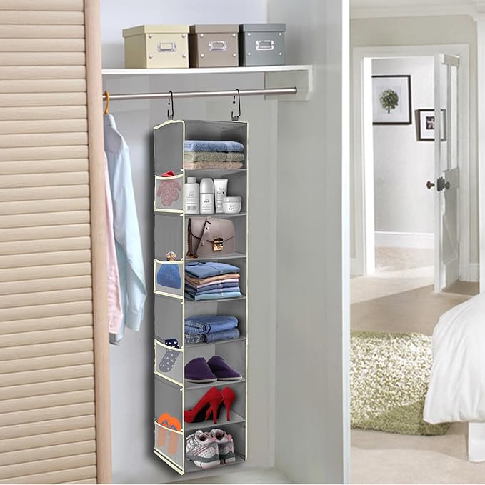2 Pack Large-Sized Hanging Shoe Organizer 8-Shelf, Hanging Closet Organizer with 8 Side Pockets, Wider Hanging Shelves for Storage Shoes Clothes 9" W × 11.8" D× 48" H, Grey. - Image 2