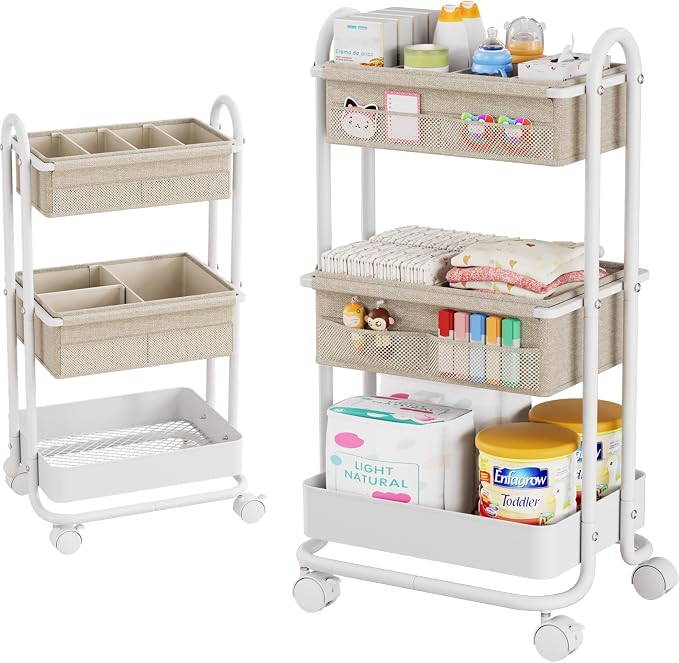 Modanais Baby Diaper Caddy Organizer Cart - 3 Tier Rolling Cart, Off White | Lockable Wheels, Baby Essentials Nursery Storage, Detachable Dividers - for Crib, Bedroom, Art & Craft Organizer by HomeOrganizersandStorage