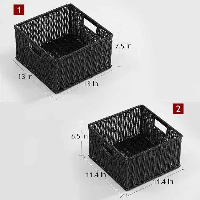 HOONEX Wicker Storage Baskets for Organizing, Decorative Woven Baskets for Storage with Carrying Handles, Set of 2, Black - Image 4