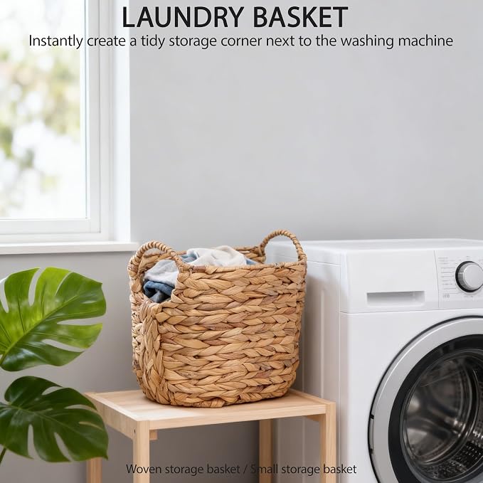 Water Hyacinth Storage Basket with Handles, Woven Boho Storage Basket for Organizing, 11.8" x 7.87" x 8.66" Natural Oval Handwoven Basket for Shelf, Bathroom, Living Room - Image 3