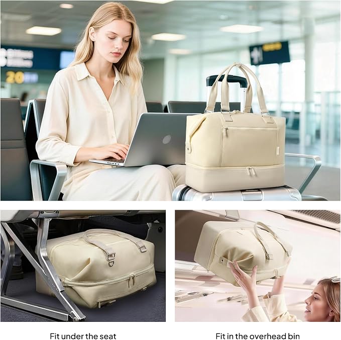 Travel Duffle Bag for Women, 40L Weekender Bags Airline Approved Carry On with Shoe Compartment & Waterproof Wet Pocket, Durable Nylon Weekender Overnight Bag for Travel, Gym, Business Trip, Beige - Image 7