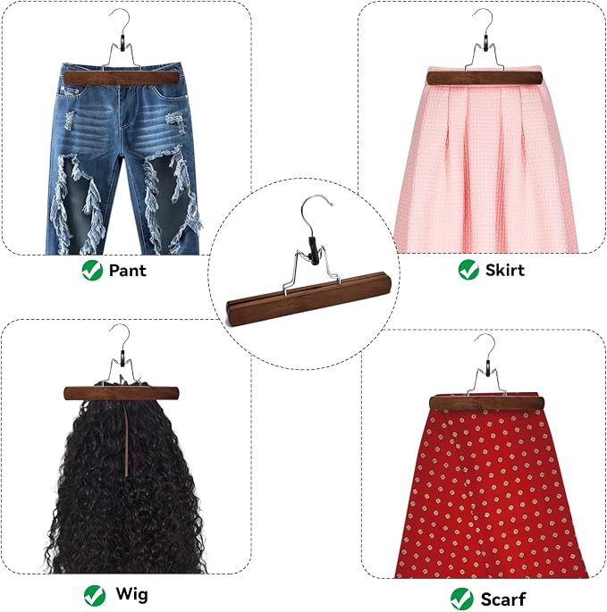 Nature Smile Wooden Pants Hangers Non Slip Smooth Finish Solid Wood Clamp Skirt Hanger Hair Extension Hangers with 360° Swivel Hook (20Pcs, Retro) - Image 5
