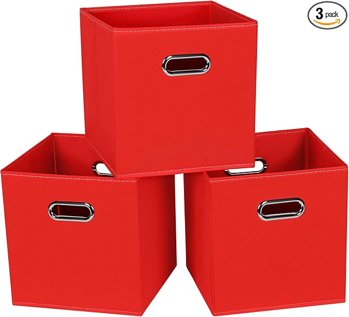 STOREONE Fabric Storage Bins Cubes Baskets Containers-(11X11X11) with Dual Handles for Shelf Closet, Nursery Home ， Bedroom Organizers, Foldable Set of 3 (Red) by STOREONE
