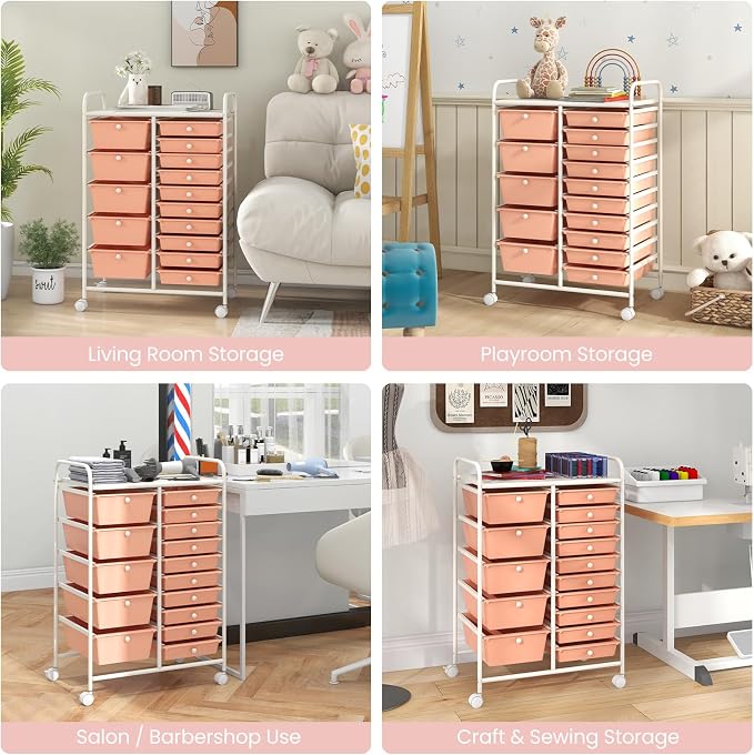 RELAX4LIFE 15-Drawer Storage Drawer Carts - Mobile Rolling Utility Cart w/Wheels, Craft Organizer for Classroom Organization and Storage, School, Office, Home, Storage Organizer Cart (Pink) - Image 9