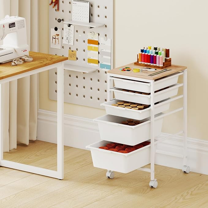 Rolling Storage Cart with 5 Drawers, Plastic Craft Organizer on Wheels with Wooden Top, Mobile Art Supply Utility Cart for Classroom, Home, Office - Image 9