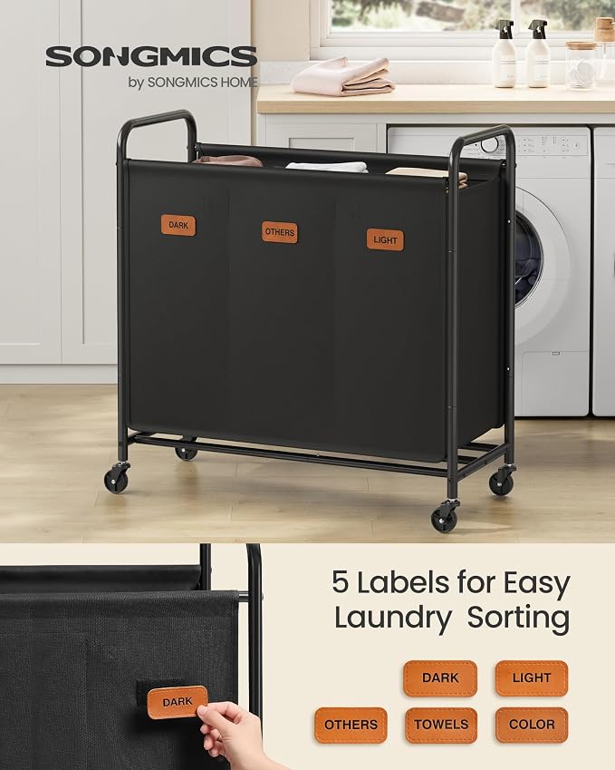 SONGMICS 3-Section Laundry Sorter, Laundry Hamper with Wheels, Rolling Clothes Hamper Cart with Large Capacity and Removable Bags, for Laundry Room, Bedroom, Bathroom, Ink Black URLS330B01 | Rolling Clothes Hamper Cart, Large Capacity, for Laundry Room... - Image 2