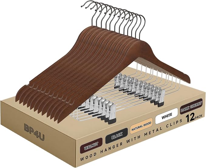 Wooden Hangers with Adjustable Metal Clips, 12-Pack, Walnut | Solid Wood Hangers with 360° Rotatable Hook for Skirt, Dress, Coats, Jacket and Pants, Space-Saving and Non-Slip Design by BP4U%E2%84%A2