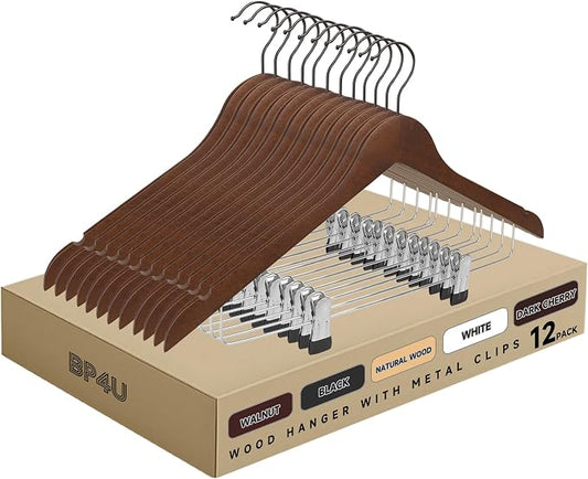Wooden Hangers with Adjustable Metal Clips, 12-Pack, Walnut | Solid Wood Hangers with 360° Rotatable Hook for Skirt, Dress, Coats, Jacket and Pants, Space-Saving and Non-Slip Design by BP4U%E2%84%A2