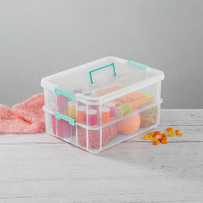Sterilite 8-Pack Stack & Carry, 2 Layer Handle Box for Home & Office Storage - Clear Base & Lid with Color Latches, Organizer for Art & Craft Supplies, Sewing Tools or 8.5" x 11" Paper - Image 8