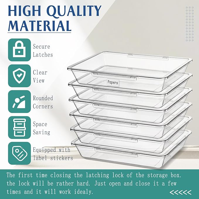 12 Pcs Classroom Paper Storage Bins with Clear Latching Lids Labels, Letter Size Stackable Flat Trays Container Paper Organizer for Teacher Back to School Office Arts Crafts (Clear,13x10in) - Image 3
