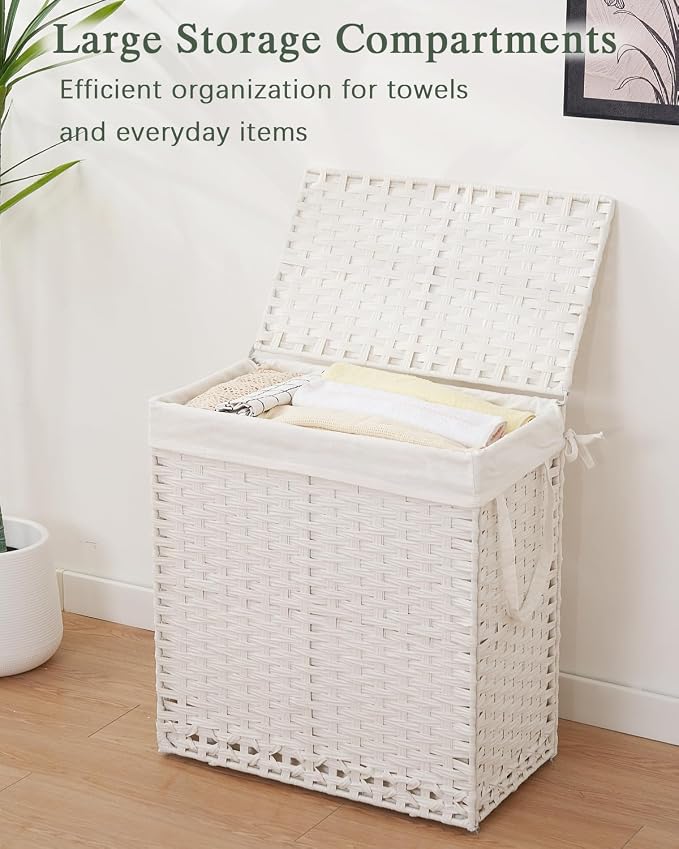 SETVSON Laundry Hamper with Lid Wicker Laundry Basket, White | Decorative Furniture Look for Bathroom & Bedroom, 3-Section Large Wicker Hamper, 3 Cloth Bags, 6 Mesh Bags Included - Image 4