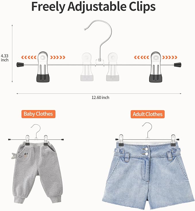 Pants Hangers with Clips: 10Pack Skirt Hangers for Women Metal Adjustable Trouser Hangers for Jeans Shorts Dress - Black (Pack of 2) - Image 4