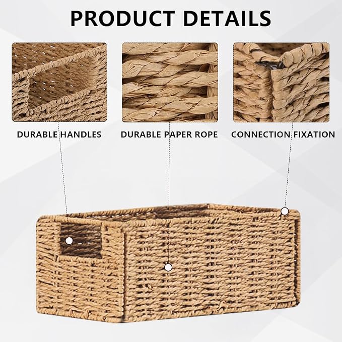 6 Pcs Small Wicker Baskets, Wicker Woven Storage Basket with Handle | Toilet Paper Baskets Towel Basket Foldable Cube Storage Organizer Bins for Shelves, Beige - Image 3
