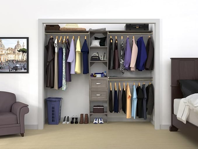 ClosetMaid SuiteSymphony Wood Closet Organizer Kit with Tower, 3 Hang Rods, Top Shelves, 2 Drawers, Adjustable, Fits Spaces 5-9 ft. Wide, Graphite Grey - Image 9