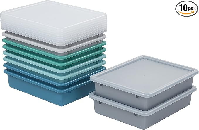 ECR4Kids Letter Size Plastic Tray Organizer with Lids, Small, Storage Bins, Contemporary, 10-Piece | Durable plastic, GREENGUARD Gold Certified, 2 gallon capacity, stackable/nestable, easy-lift lids, classroom & home use by ECR4Kids