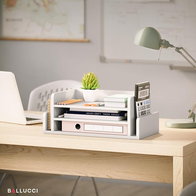Ballucci 3-Tier Desk Organizer with 2 Side Mail Sorter Slots, Wood Letter Tray, Open Top Paper Organizer, Desktop File Organizer, White - Image 5