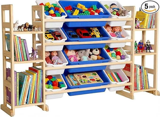 Amdermi Kids Toy Storage Organizer, 51" W White 6-Shelf Bookcase with 12 Bins, Cubby Unit for Toddler Playroom & Bedroom Organization (Blue) by Amdermi