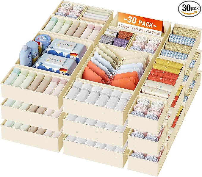 DIMJ Drawer Organizer Clothes Storage - 30 Pack Baby Dresser Organizer for Nursery, Foldable Closet Drawer Organizer Bins for Bedroom Organization, Fabric Storage Dividers for Socks, Underwears, Bras by DiMJ