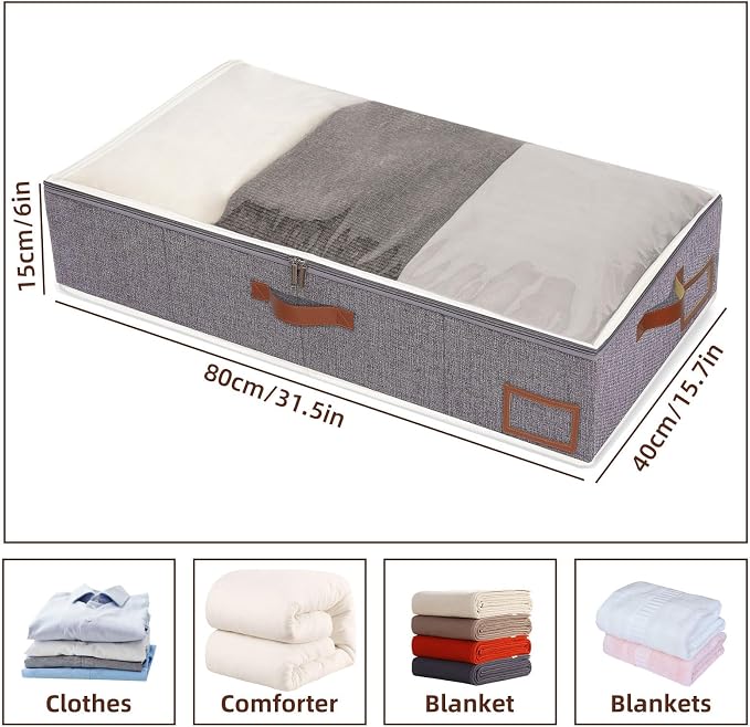 Yawinhe 48L Under Bed Storage,4 Pack Collapsible Container Bags,Grey | Blanket Storage Bags with Clear Window and Lids with 4 Leather Handles;Closet Organizers with Sorting Card Slot for Bedding - Image 6