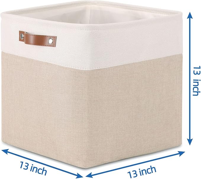 Temary Cube Storage Bins 13x13 Fabric Storage Cubes Baskets Set Of 4 Cloth Baskets for Shelf, Large Bin Empty Basket for Organizing, Shelf Basket (White&Khaki) - Image 2