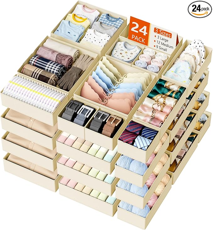 DIMJ Drawer Organizer Clothes 24 Pack - Foldable Baby Organizers and Storage Dresser Organizer for Bedroom, Closet Nursery Organization Dresser Dividers for underwear, Sock, Bra, Belt, Tie by DiMJ