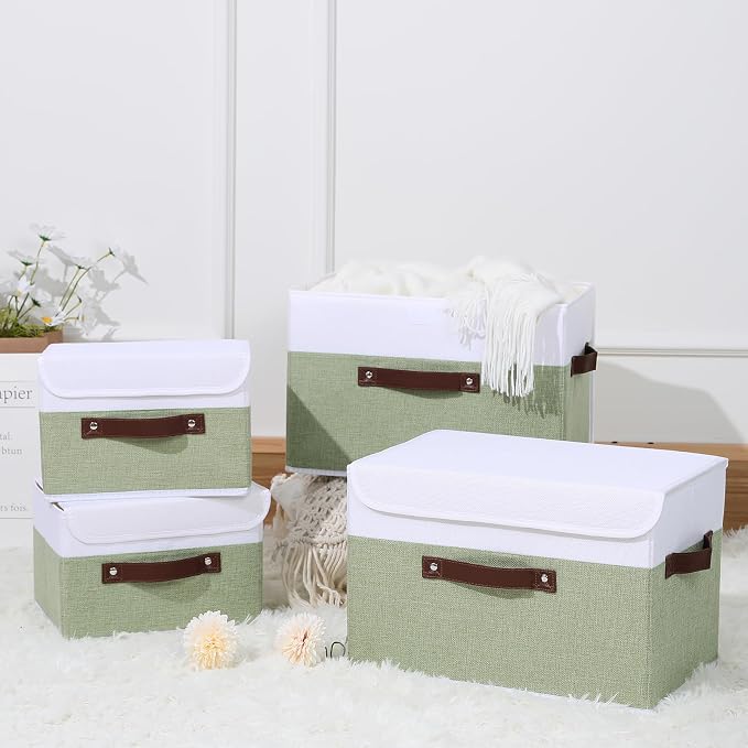 ANMINY Fabric Storage Box Bins with Lids, Green White, 13"x9"x7.9", 2 Pack | Keepsake Memory Storage, Cotton Linen, PP Board Reinforced, Washable, PU Handles, Foldable & Stackable, Decorative, Medium - Image 7