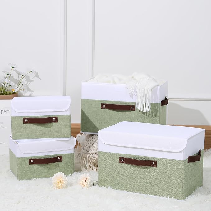 ANMINY Fabric Storage Box Bins with Lids, Green White, 10"x8"x7" | Keepsake Memory Storage, Cotton Linen, PP Board Reinforced, Washable, PU Handles, Foldable & Stackable, Decorative, Small - Image 7