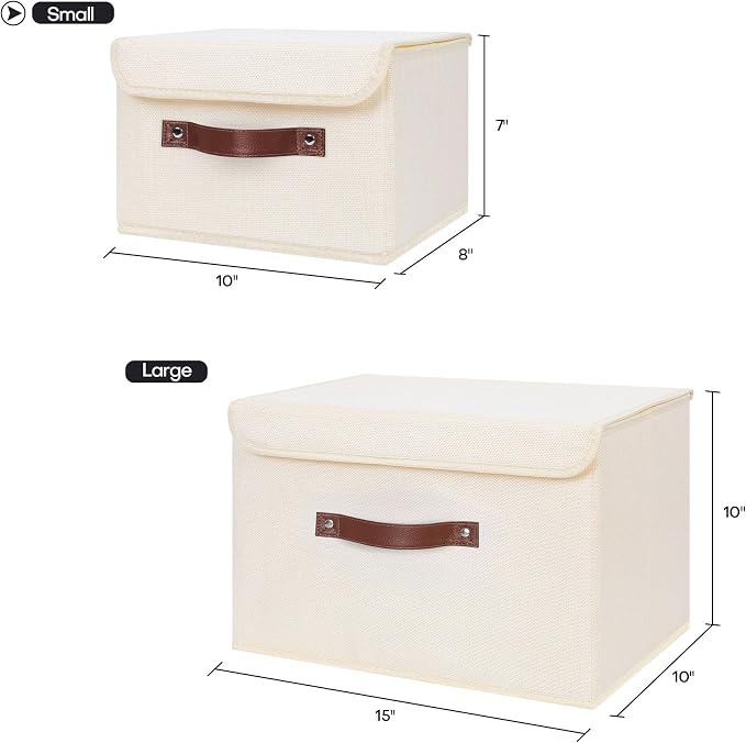 ANMINY Fabric Storage Box Bins with Lids, Beige, 10"x8"x7" | Keepsake Memory Storage, Cotton Linen, PP Board Reinforced, Washable, PU Handles, Foldable & Stackable, Decorative, Small - Image 5