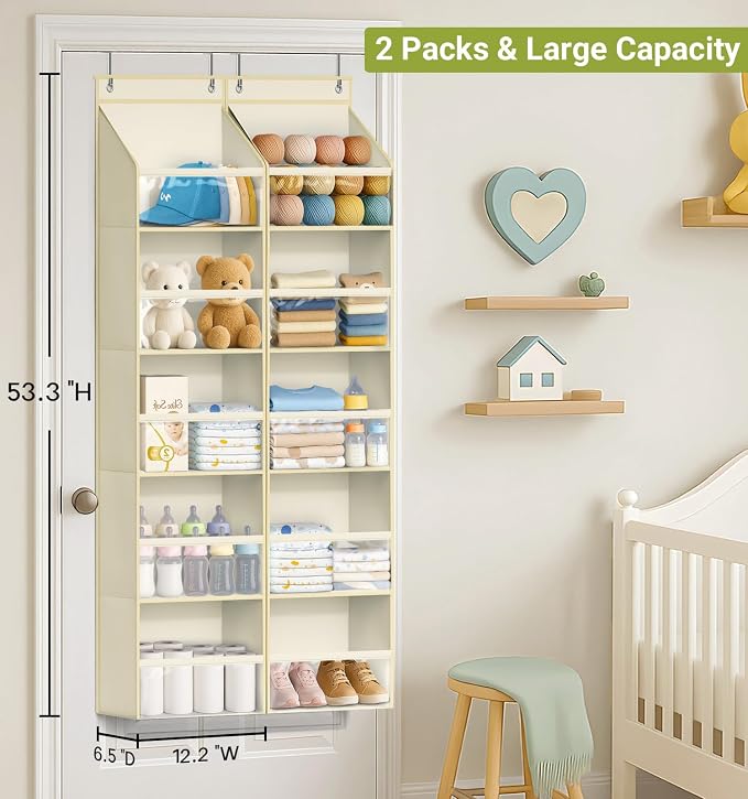 AOODA 2 Pack Over the Door Organizer, Large Capacity Closet Door Hanging Organizer, Clear Deep Pockets Baby Storage for Nursery, Bathroom, Bedroom, Pantry, Diapers (Light Yellow) - Image 2