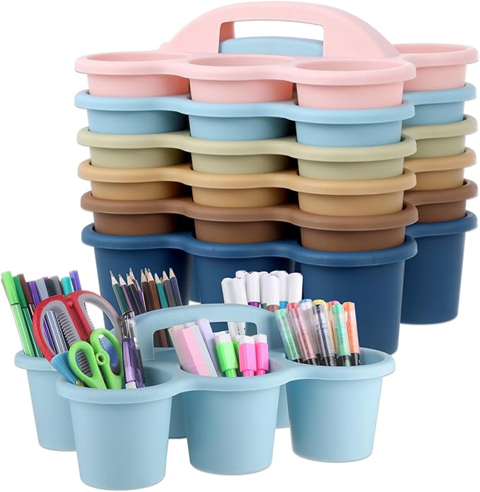 gisgfim 6 Pack Classroom Caddy Organizer with Handle, 6 Compartments, Boho | Stackable Plastic Table Caddies, 12x9x3.5 In, caddy Organizer for School Supplies, Crayons, Pencils, Crafts and Drink Cups by gisgfim