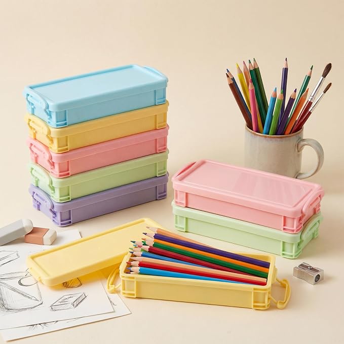 Gueevin Large Capacity Plastic Pencil Box Clear Plastic Pencil Case Crayon Box with Snap Tight Lid Watercolor Pen Storage Brush Organizer Drawing Tools Container (Macaron Colors,12 Pcs) - Image 4